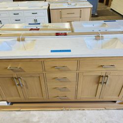 72” Bathroom Vanity in Natural Oak, double sink soft close solid wood with vanity top in white  $1199 