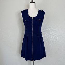 Forever 21 Full Zip Blue Sleeveless Shift Dress, Sz Medium