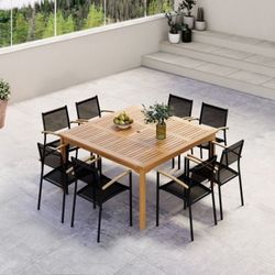BRAND NEW 9 PIECES Square Dining Set With Stackable Chairs, 100% FSC Teak Finish Wood, Ideal Furniture For Outdoor & Patio
