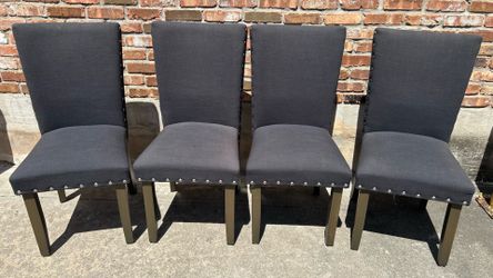 Set of 4 Charcoal Upholstered Nailhead Dining Chairs – Excellent Condition