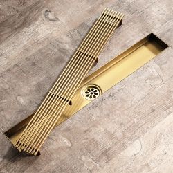 🚿 Brushed Gold Linear Shower Drain – 35.4" Stainless Steel with Grid Cover & Hair Strainer