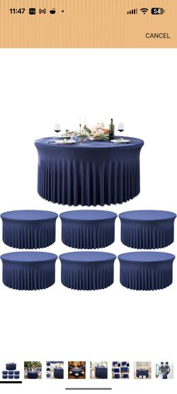 Outpain 6 Pack Spandex Navy Blue Round Tablecloths for 60in Tables, 120Inch Stretchy Fitted 5FT Round Table Clothes,Wrinkle Free Table Cover with Skir