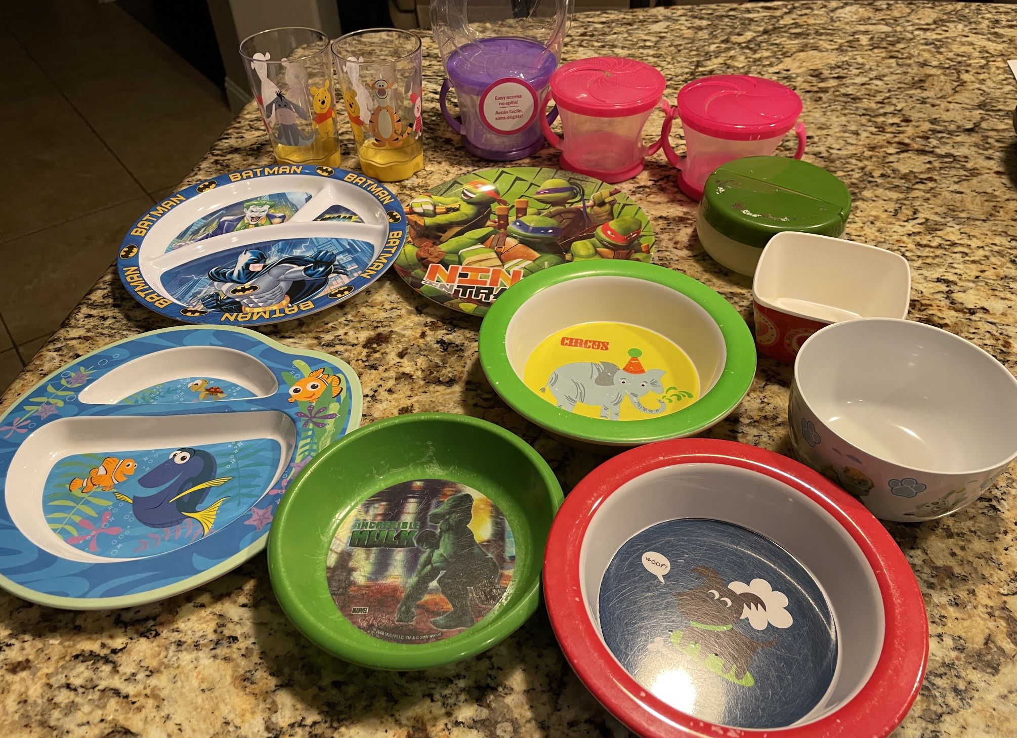 Lot of Toddler Plates Winnie Pooh Cups Snack Containers