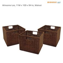 NIB 3 pc Winsome Rattan & Wire Baskets Dark Walnut