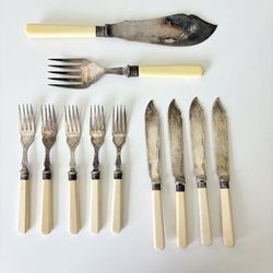 11pc EPNS Silver Plated Salmon Serving Fork Knife Fish Cutlery Faux Bone Handles