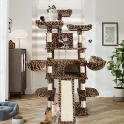 68" X-Large Cat Tree and Tower for Indoor Cats, Condo House with Scratching Board & Thick Posts, Leopard Print 