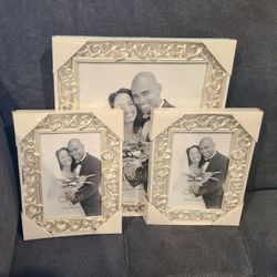 Set Of 3 Silver Wedding Picture Frames with hearts