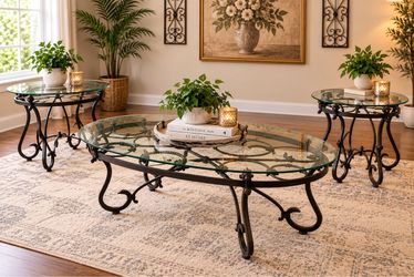 3-Piece Wrought Iron & Glass Living Room Table Set – Coffee Table + 2 End Tables