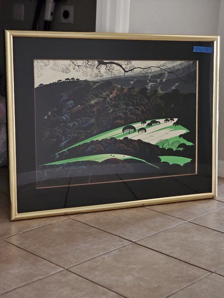 Eyvind Earle Framed Artwork 1983 " Green Valley" & 1984 Publisher Exhibition Ad 
