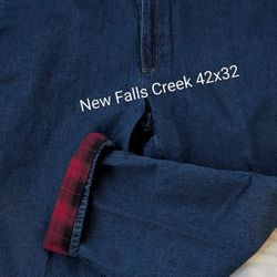 NEW Mens Falls Creek Denim Blue Jeans Pants 42x32 Red Flannel Lined, Tags, 100% Cotton. East Or West #48711