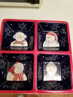 Snowman Christmas 4 Sided Dish; 2 Pictures Here