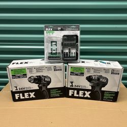 Brand new in the box Flex Compact 24v drill and drill driver. Also including 1/4 impact driver set.  Everything is brand new never been opened. Each t