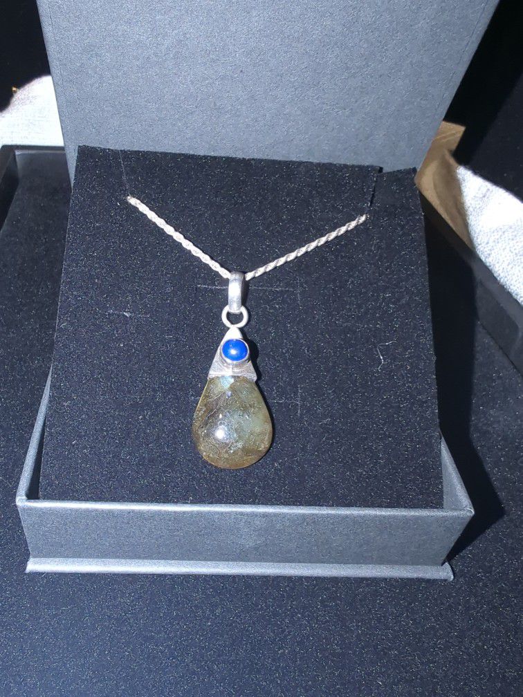 Rare Vintage Teardrop Labradorite With Solidate Stone Pendant With Necklace 