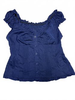 Vintage Navy Blue Ruffle Trim Milkmaid Blouse Fairycore Boho Peasant Top Small