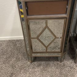 Mirror Glass Side Nightstand With Cabinet 