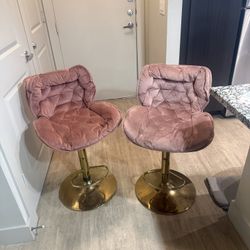 Set of 2 Glam Blush Pink Velvet Barstools with Gold Swivel Base