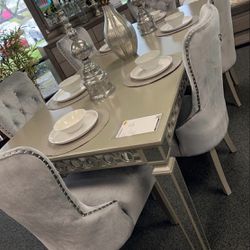 7 Piece Glam Dining Set Grey Velvet Dining Table With Mirrored Accents Brand New In Box Firm Price $1,500