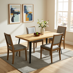 Homy Casa Stan 5PC Dining Set 63" Natural Wood Grain Table with 4 Charcoal Upholstered Haze Leg Chairs