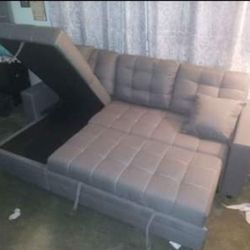 2pcs Sectional Sofa w/ storage chaise & pullout bed