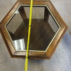Hexagonal Wood & Glass Side Table, Medium Brown, Living Room, Indoor