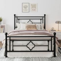 BIG SALE Full Size Metal Platform Bed Frame with Vintage Cross Pattern Headboard&Footboard, Black