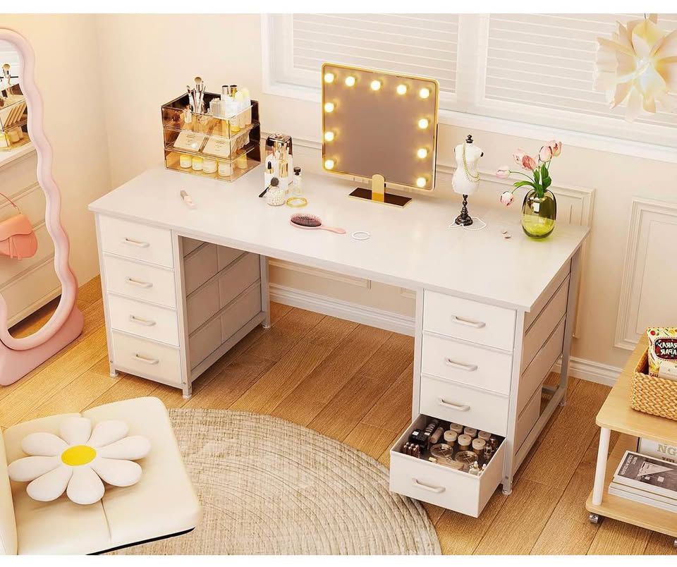 55′′ Vanity Desk with 8 Drawers – Large Storage Makeup Table, White
