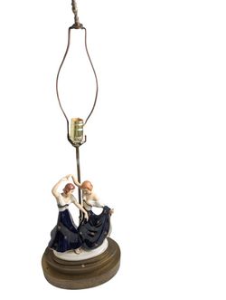 Vintage Porcelain Dancing Figures Lamp Blue & Gold Base 22" Tall