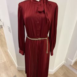ON•34TH Burgundy Pleated Midi Dress – Tie Neck, Long Sleeve (L)
