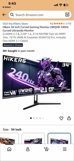 Hikers 34" Curved Ultrawide Gaming Monitor 240Hz UWQHD