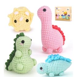 Crochet Kit for Beginners, Beginner Crochet Kit for Adults with Step-by-Step Video Tutorials, DIY Crochet Animal Kits Knitting Supplies, 4 Pack Dinosa