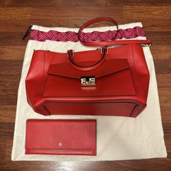 Tory Burch Masaai Red Saffiano Leather T Lock Handbag with Clutch wallet