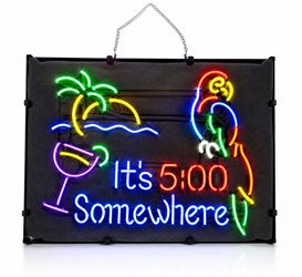 2 New “It’s 5:00 Somewhere” Real Glass Neon Signs – Parrot Bar/Pub Wall Decor