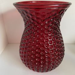 Ruby Red Textured Glass Vase - Vintage Tabletop Flower Planter 7 1/2” Tall