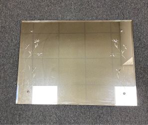 Wall Mirror- Frameless Beveled Vintage Wall Mirror with Etched Floral Design 34"x 22"