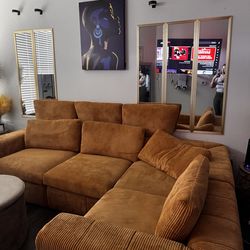 Sectional couch, with 2 ottomans mustard yellow