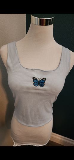 Baby blue butterfly tan top in size M