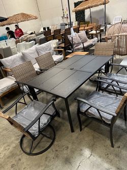 New Set of 7 Outdoor Patio Dining Table Set with 2 Swivel Chair and 4 Armchair