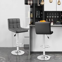 New Modern Set of 2 Faux Leather Bar Stools, Adjustable Height Hydraulic Swivel Armless Barstools, Extra Tall Square Kitchen Bar Stool with Backrest  