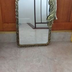 Heavy Metal Large Antique Brass Gold Color, Carved Peacock Mirror