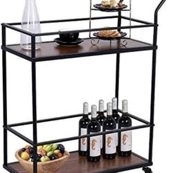 Classic Kitchen Serving Cart, Mobile Bar Cart Utility Trolley Industrial Wood Metal Wine Rack Cart on Wheels with 2 Tier Storage Shelf and Handle for 