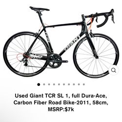 Used Giant TCR SL 1, full Dura-Ace, Carbon Fiber Road Bike-2011, 58cm, MSRP:$7k