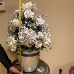 Large Beautiful Center Piece Floral Arrangements In A Beautiful Porcelain Pot , Ivory And Blue 28” Tall , 10” Pot Height 