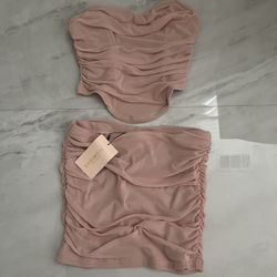 shein nude ruched crop top and skirt set