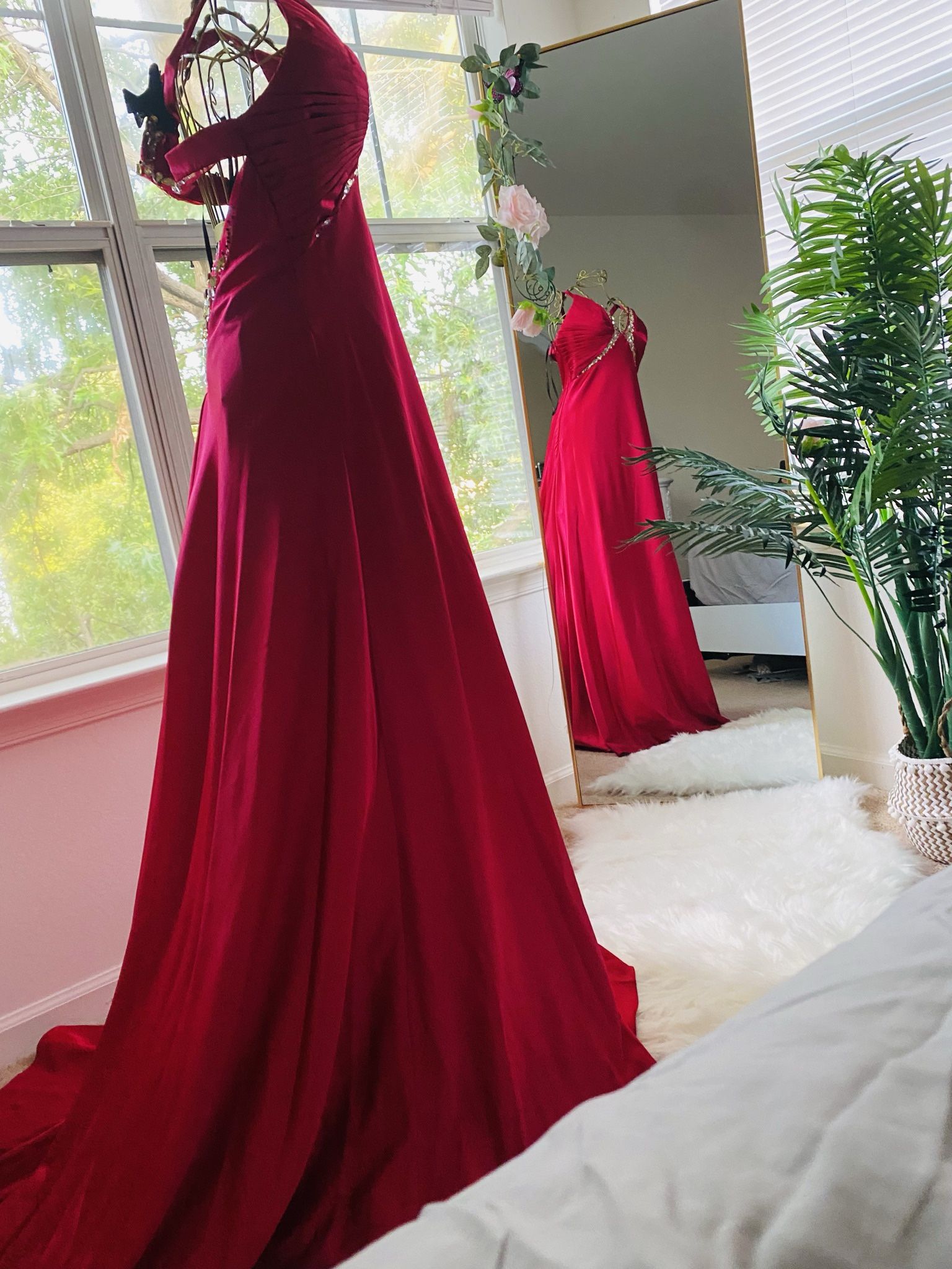 Hot pink backless ,v neck dress