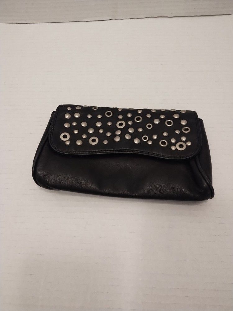 Express women's black leather studded small clutch bag
