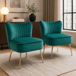 Set Of 2 - Green Velvet Armless Accent Chairs w/ Gold Trim [NEW IN BOX]  [CHAIRS ONLY / TABLE NOT INCLUDED]  (4 Avail.) 