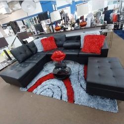 Black Sectional Sofa New Leather Cup Holders Reversible Storage 