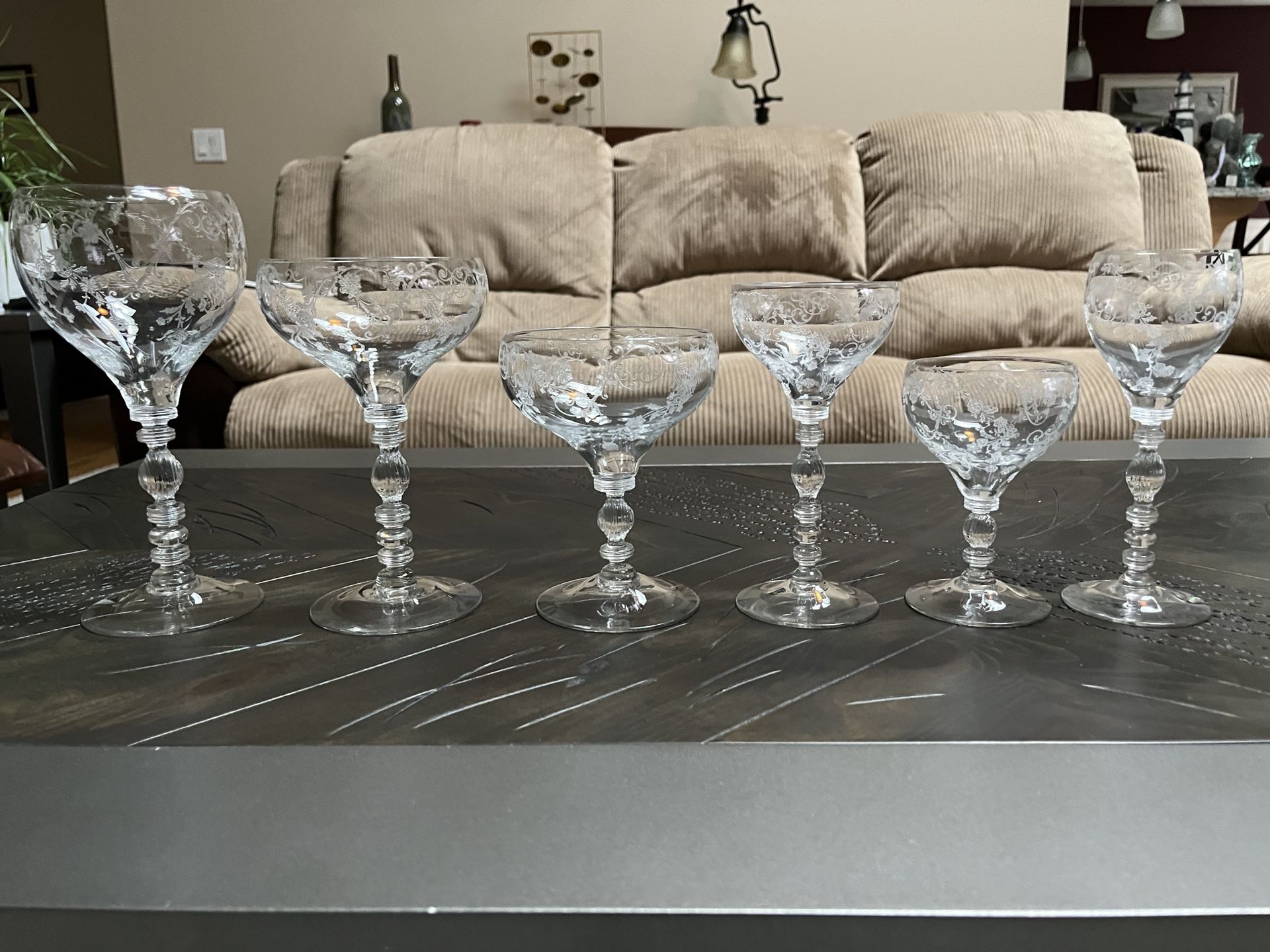 Antique Etched Glasses And Desert Plates
