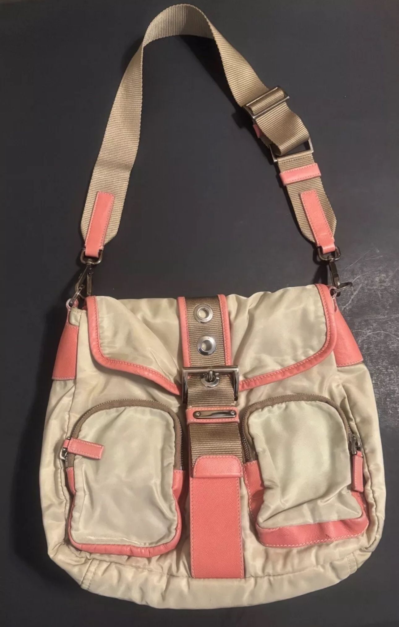 Prada Vintage Tessuto Buckle Beige & Pink Crossbody Bag
