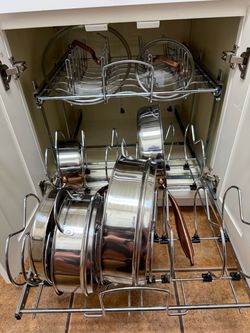 Chrome pull out cabinet pot and pan organizer dimensions in photo